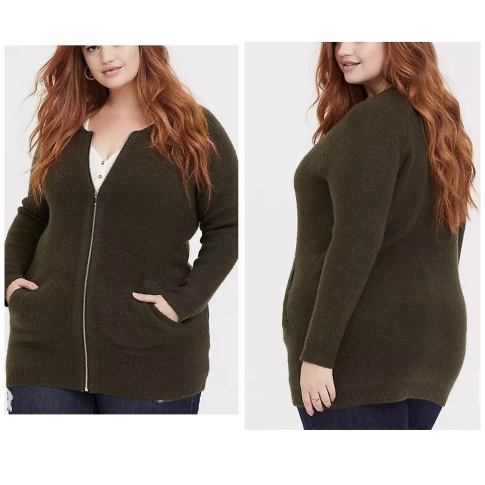 Torrid Olive Green Zip Front Fuzzy Knit Cardigan Sweater Pockets Size 2 2X